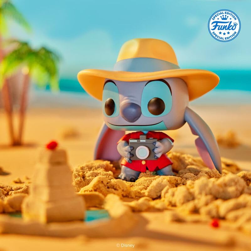 Special Edition Funko POP! Stitch in a tourist outfit, holding a camera on a sandy beach with vibrant colors.