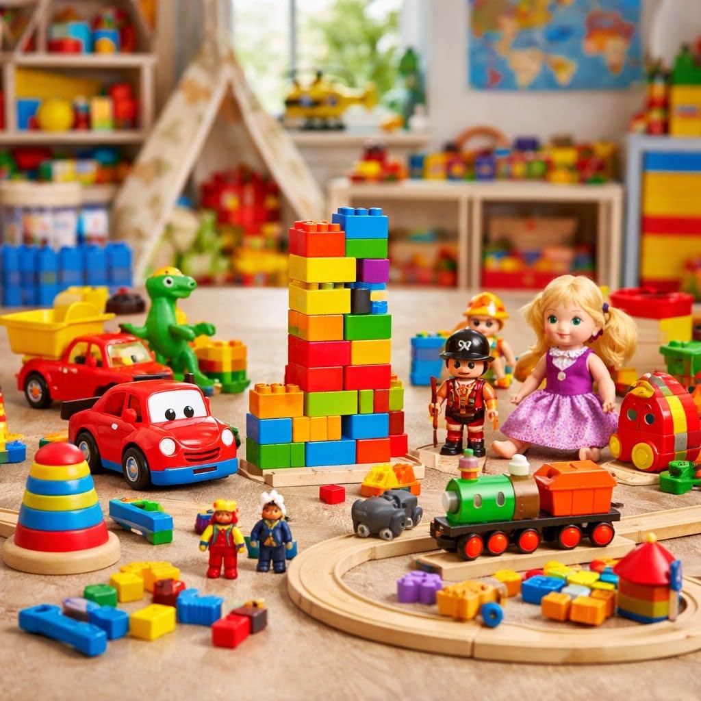 Vibrant playroom filled with toys, blocks, and train sets. Available to order online now!