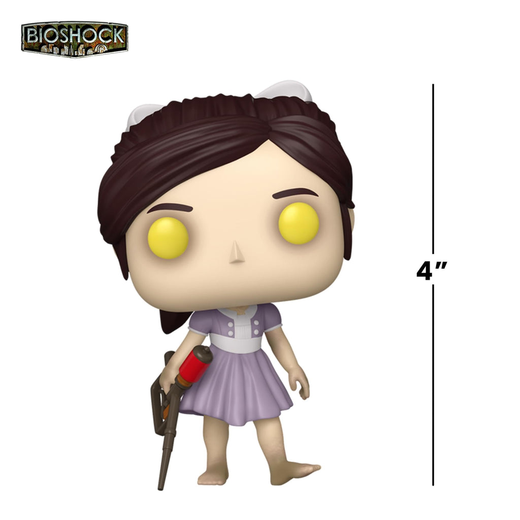 Premium imported Funko POP! figure of Bioshock's Little Sister, standing 4 inches tall with distinctive yellow eyes and holding a weapon.