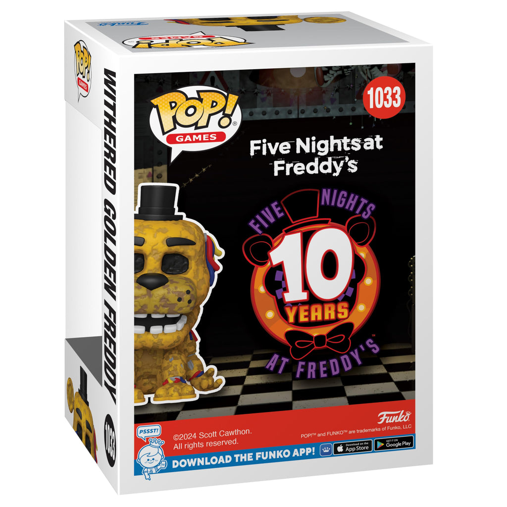 Premium imported Funko Pop! featuring Withered Golden Freddy from Five Nights at Freddy's, celebrating 10 years.