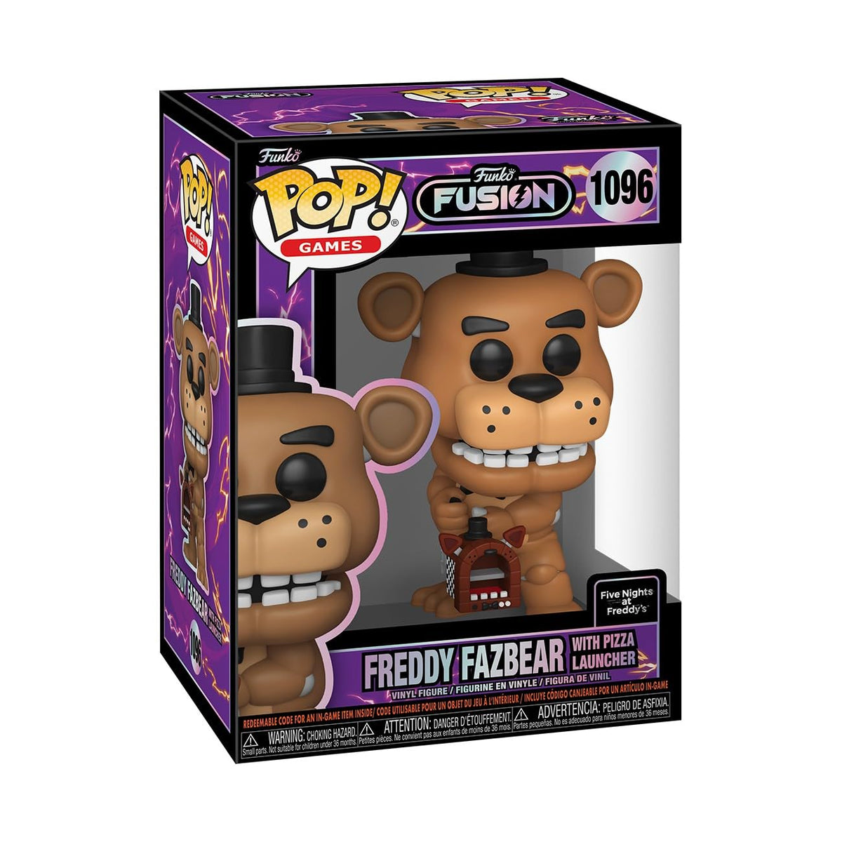Authentic Funko Pop! Fusion Freddy Fazbear toy, featuring Freddy with a pizza launcher in original packaging.