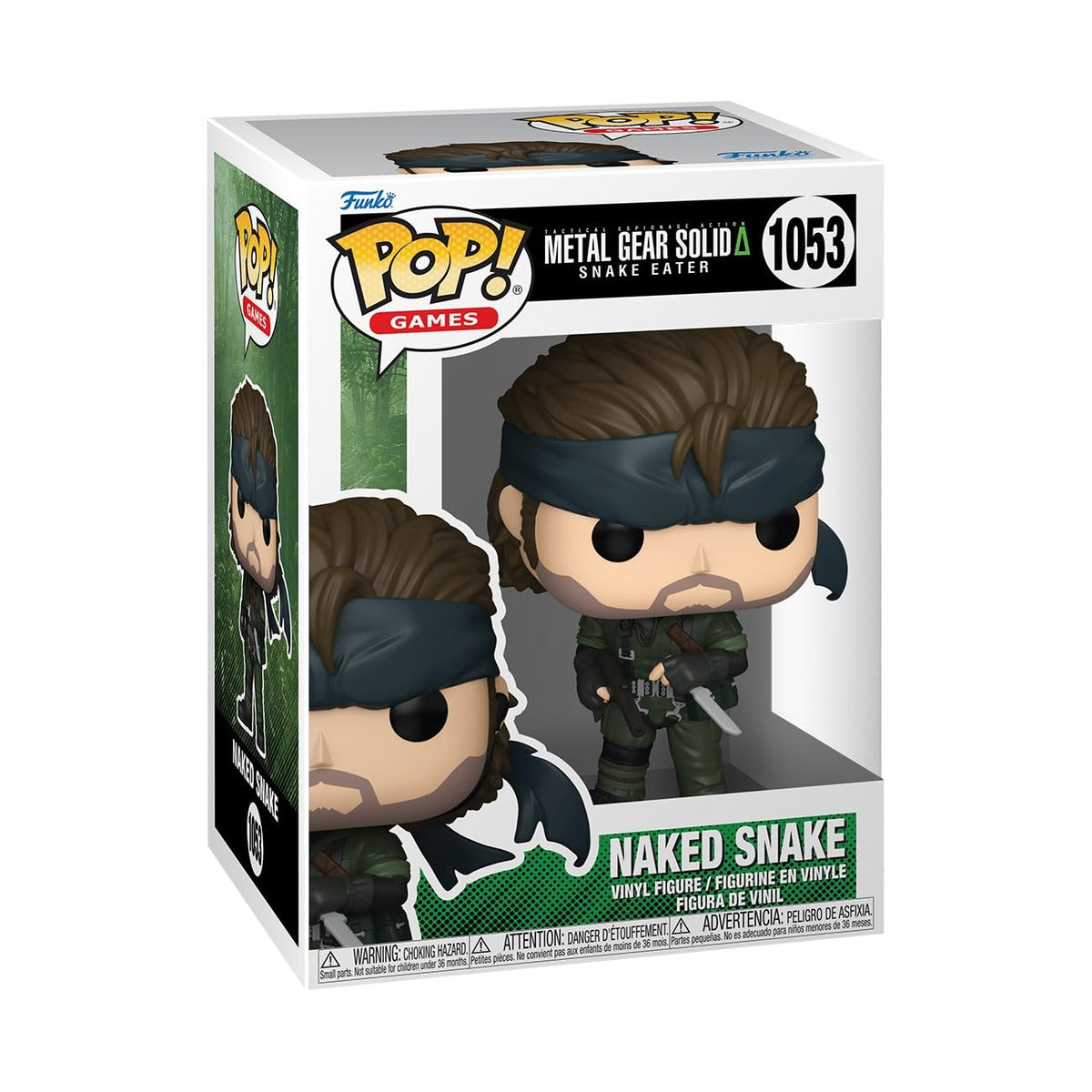 Authentic Funko POP! figure of Naked Snake from Metal Gear Solid, featuring detailed design and unique packaging.