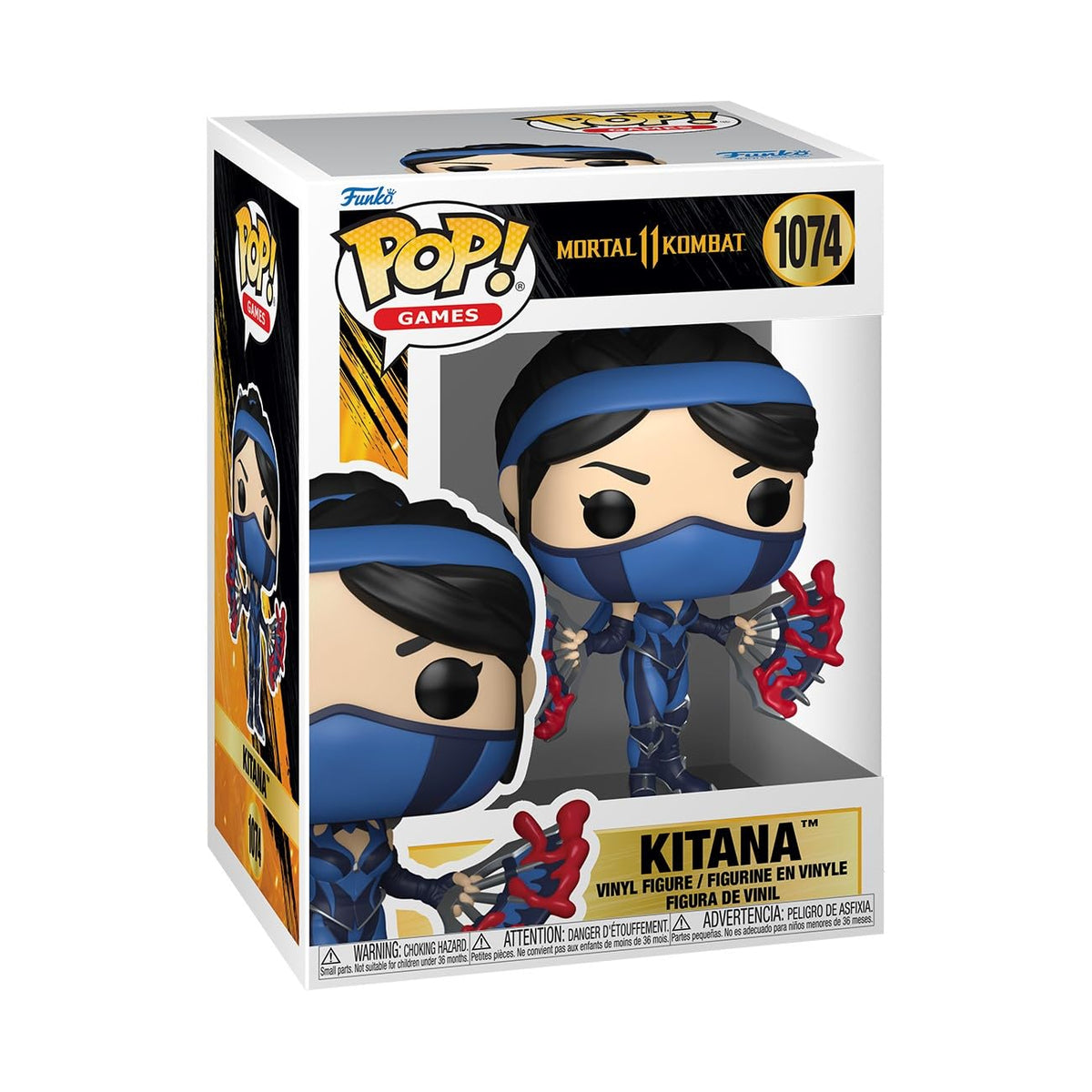 Authentic Funko POP! vinyl figure of Kitana from Mortal Kombat 11, showcasing her iconic blue outfit and combat stance.