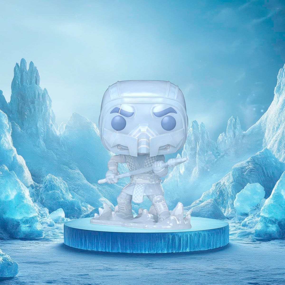 Translucent Funko POP! figure of Sub-Zero from Mortal Kombat 11, set in an icy landscape. Available to order online.