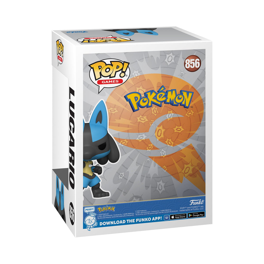 Premium imported Funko POP! figure of Lucario from Pokemon, packaged in a colorful display box with bold graphics.