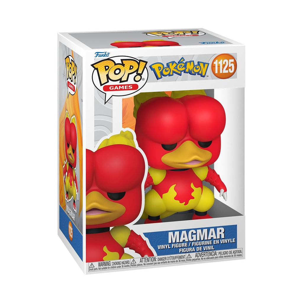 100% authentic Funko POP! Magmar figure from Pokémon, featuring vibrant colors and detailed design in a window display box.