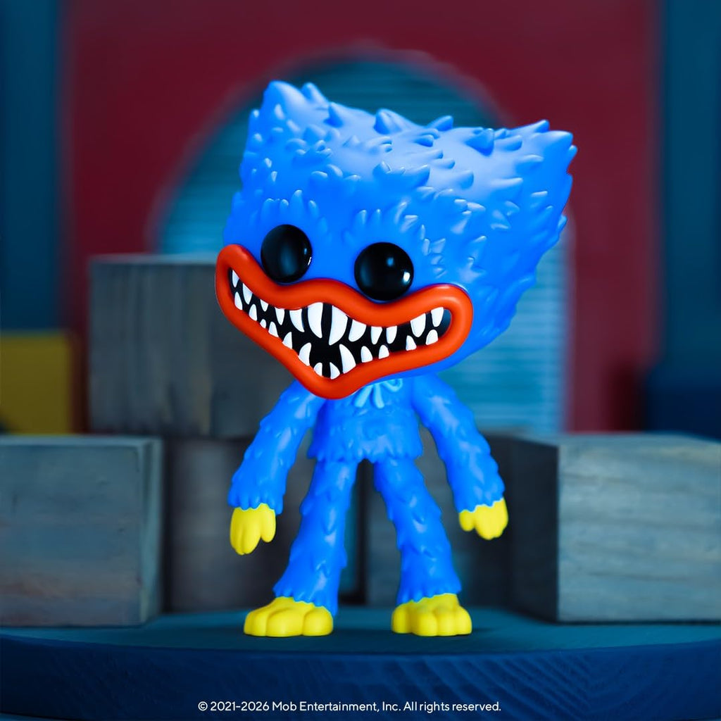 Premium imported Funko POP! vinyl figure of Huggy from Poppy Playtime, featuring bright blue and yellow colors.
