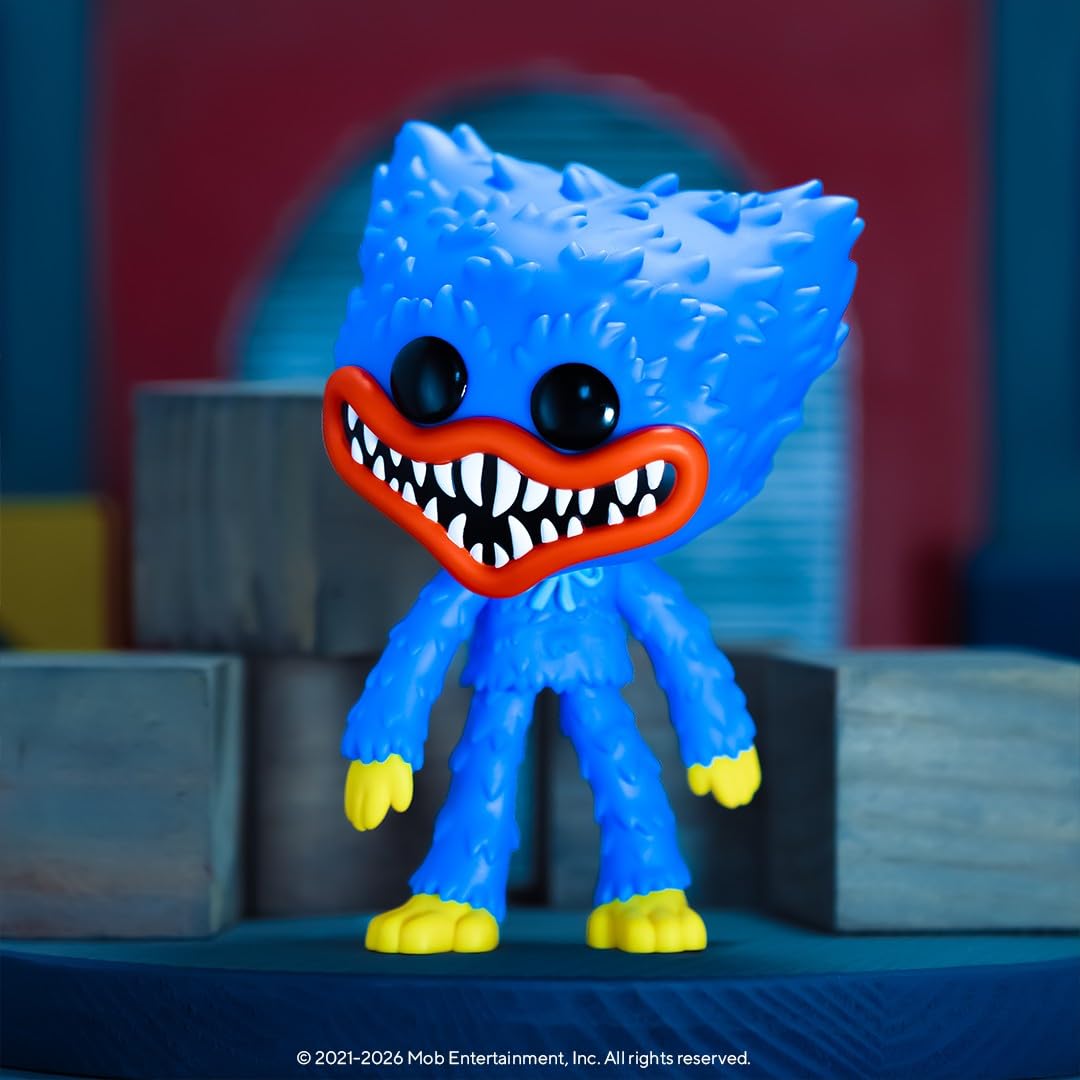 Premium imported Funko POP! vinyl figure of Huggy from Poppy Playtime, featuring bright blue and yellow colors.