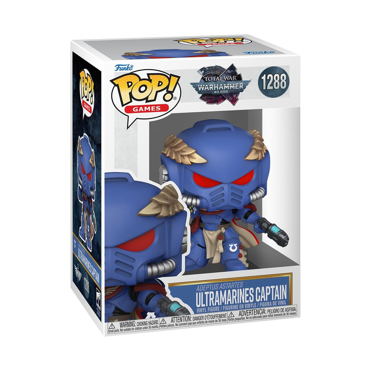 100% Genuine Funko POP! figure of the Ultramarines Captain from Warhammer, featuring detailed blue armor and iconic design.