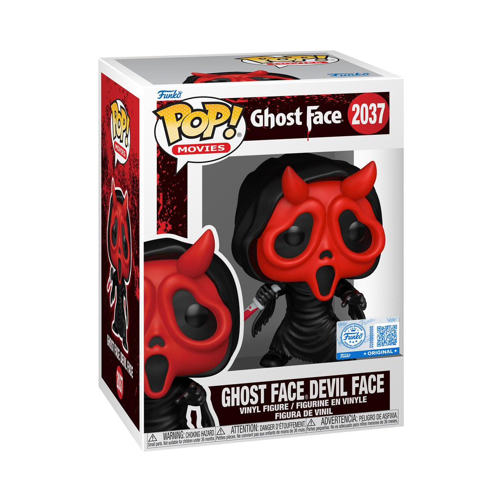 100% Authentic Funko POP! Ghost Face figure in devil mask. Includes vibrant details, boxed and collectible design.
