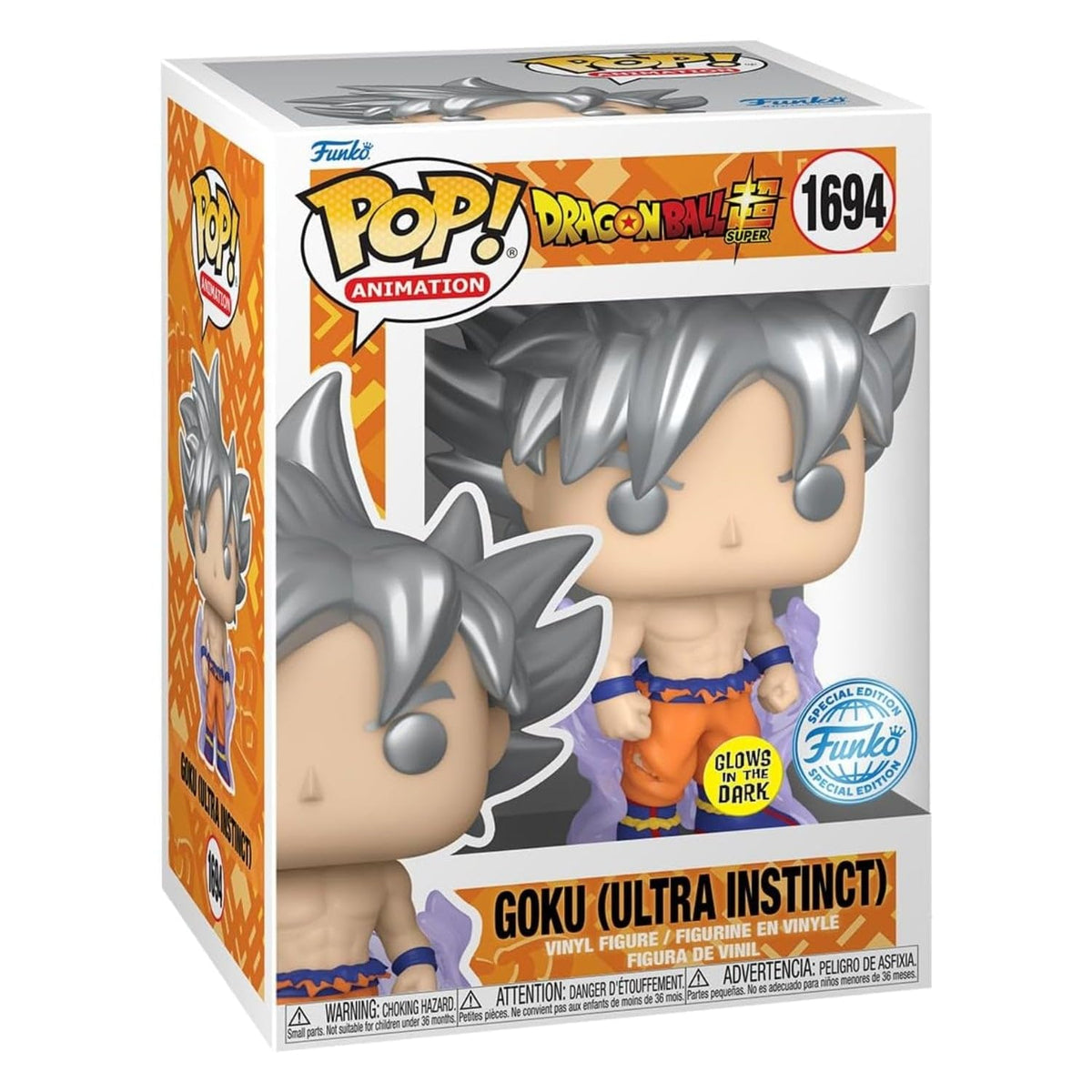 Premium imported Funko Pop figure of Goku in Ultra Instinct form, features glow-in-the-dark details, collectible for fans.