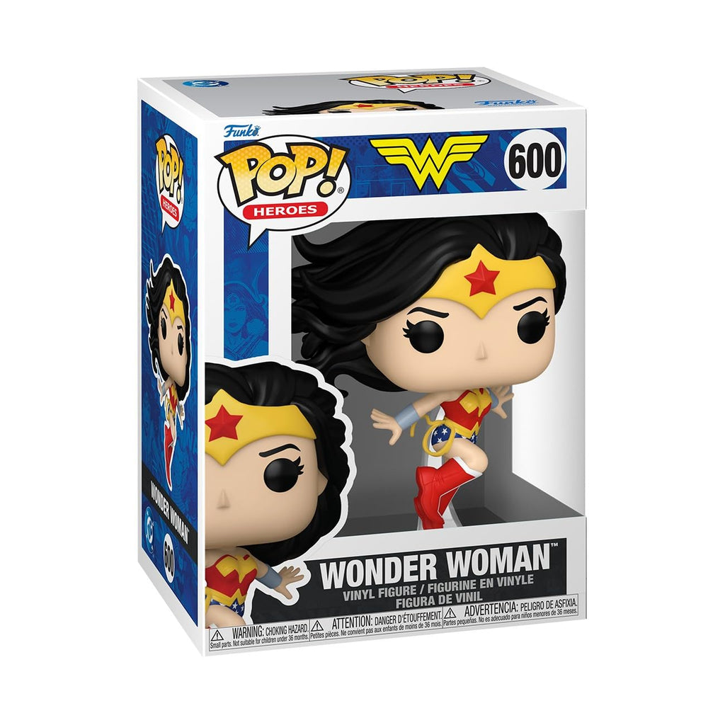 100% authentic Wonder Woman Funko Pop! figure in a collectible box showcasing her iconic outfit and bold design.