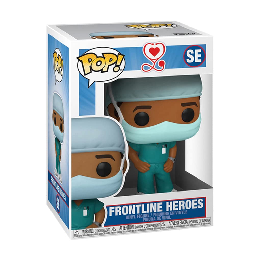 Official Funko POP! Heroes Front Line Worker figure in original packaging, featuring a surgeon in scrubs and mask.