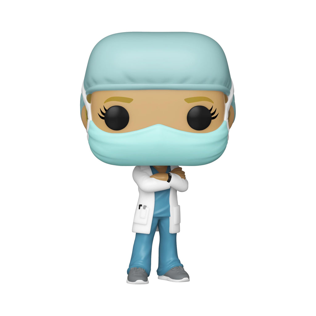 Funko POP! Heroes Front Line Worker figure in scrubs and mask, celebrating caregivers' dedication. Verified by CuratCart.