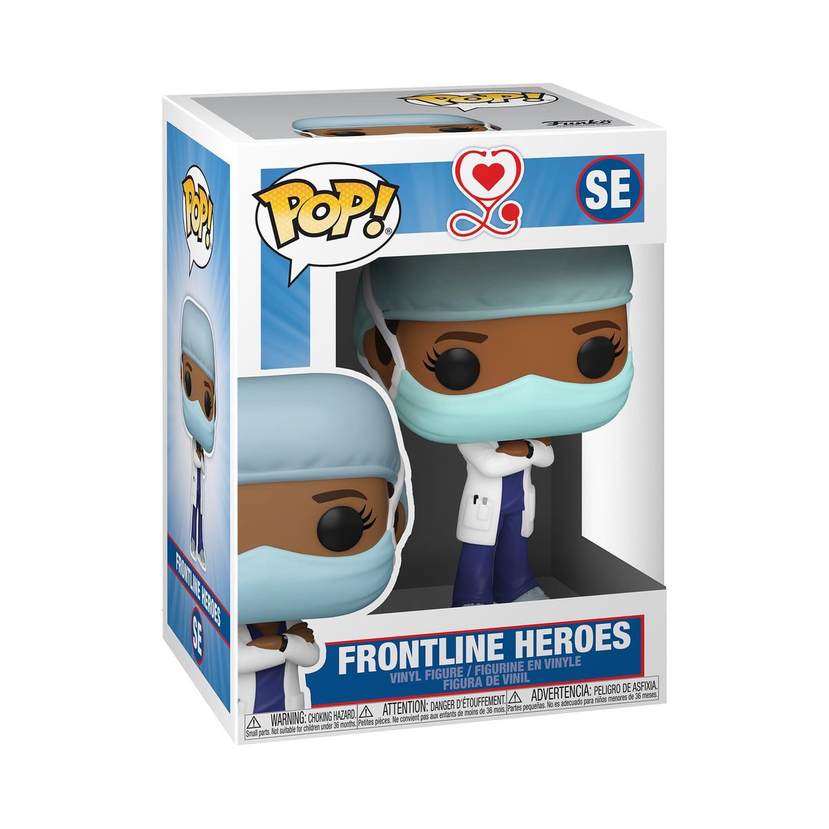Authentic Funko POP! Front Line Worker figure with mask and scrubs, celebrating healthcare heroes, 100% genuine collectible.