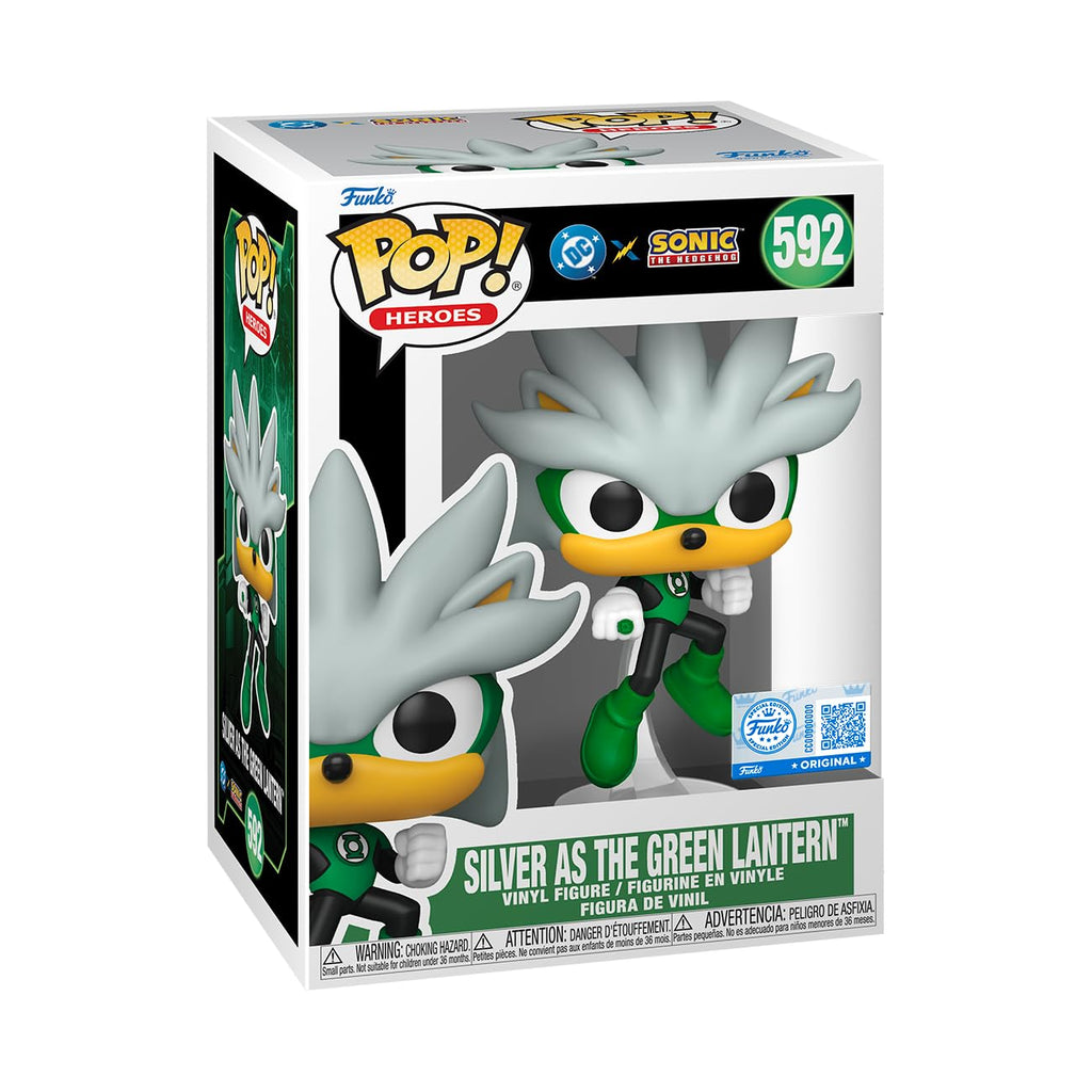 100% Genuine Funko POP! Heroes figure featuring Sonic as Silver the Green Lantern, vibrant design in collector’s box.