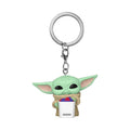 Genuine Funko Pop! Keychain featuring Grogu holding a bucket of colorful treats. Ideal for collectors and fans!