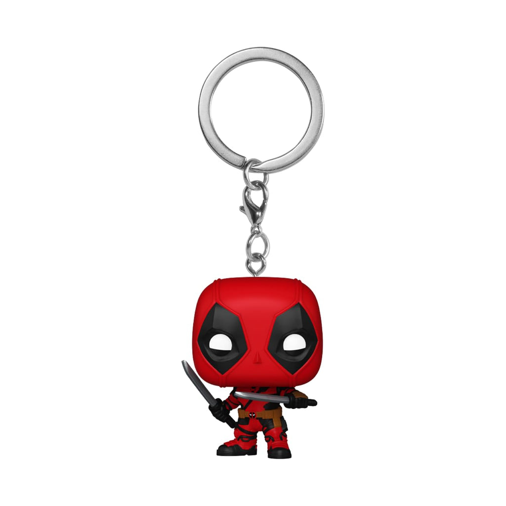 Authentic Funko POP! Keychain featuring Deadpool, a stylized red figure with black accents and a sword.