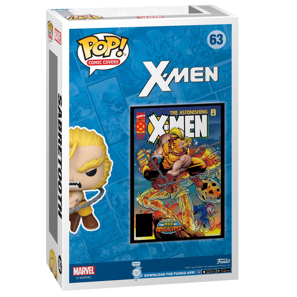 Premium imported Funko POP! of Sabretooth from Marvel's Age of Apocalypse collection, featuring vibrant packaging and comic cover.