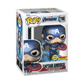 100% Genuine Funko POP! Marvel Avengers Endgame Captain America figure, features glow-in-the-dark detail.