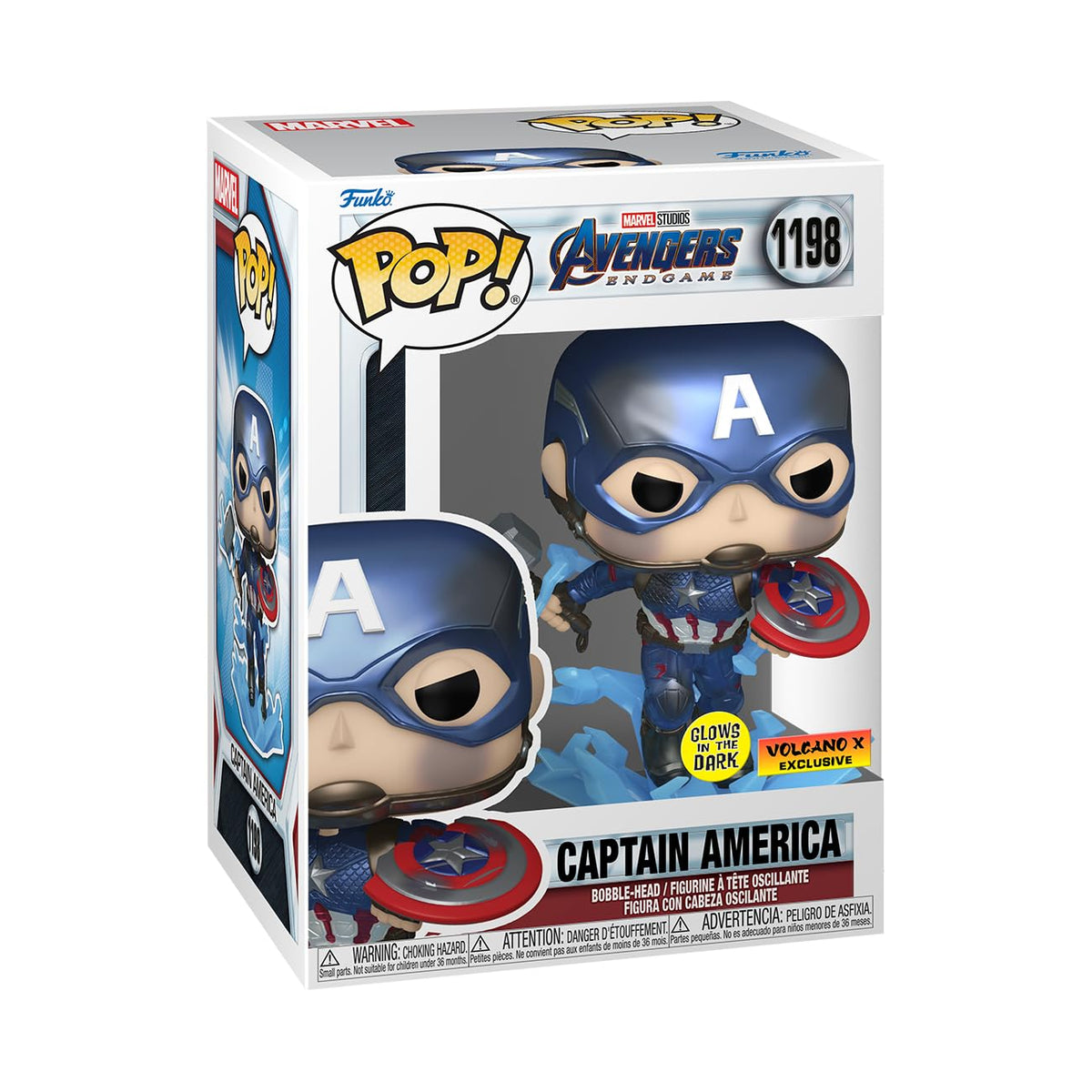 100% Genuine Funko POP! Marvel Avengers Endgame Captain America figure, features glow-in-the-dark detail.