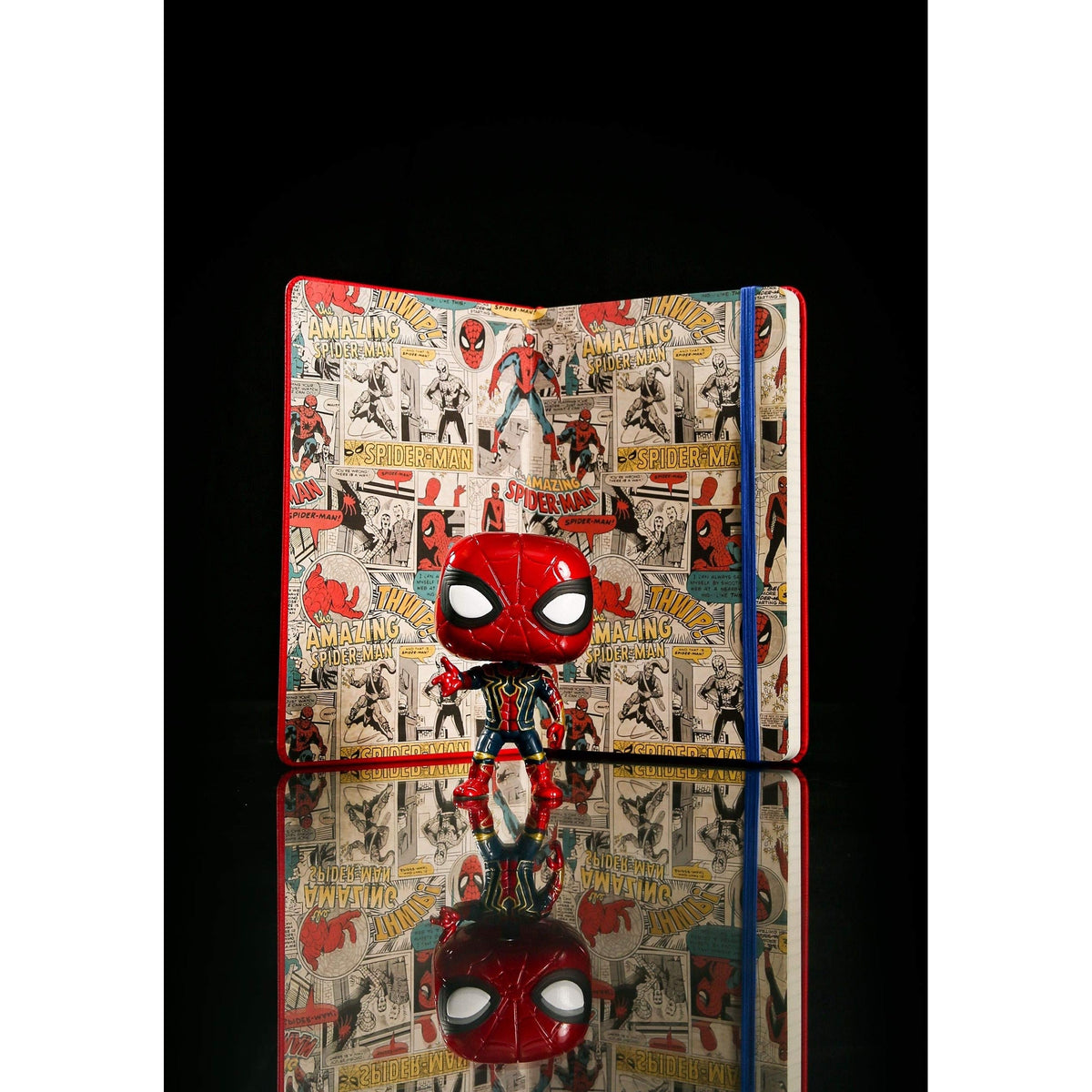 Spider-Man Funko POP! from Avengers Infinity War, set against a vintage comic backdrop. Verified by CuratCart.
