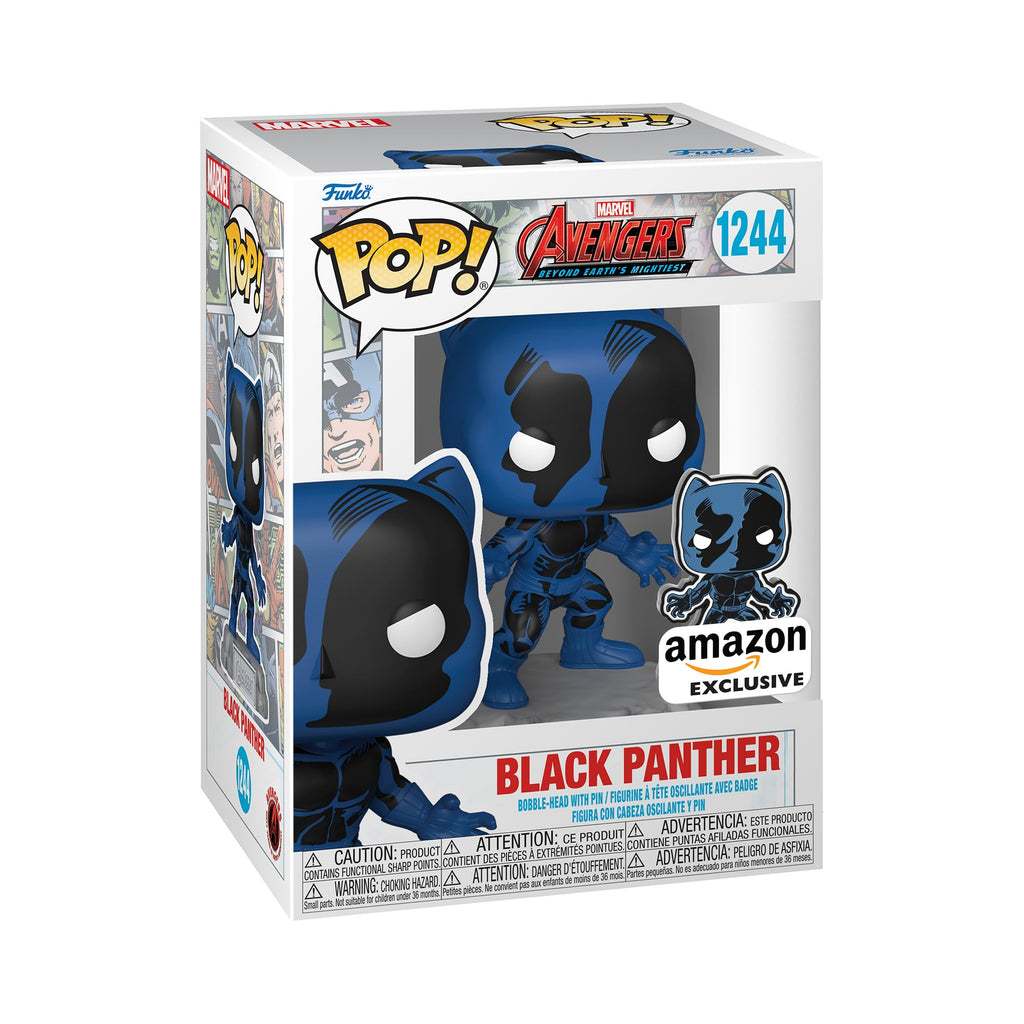 Authentic Funko POP! Marvel Black Panther collectible, featuring detailed design in packaging, Amazon exclusive edition.