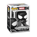 Collectible Funko Pop figure of Spider-Man in symbiote suit, authentic Marvel product in original packaging.