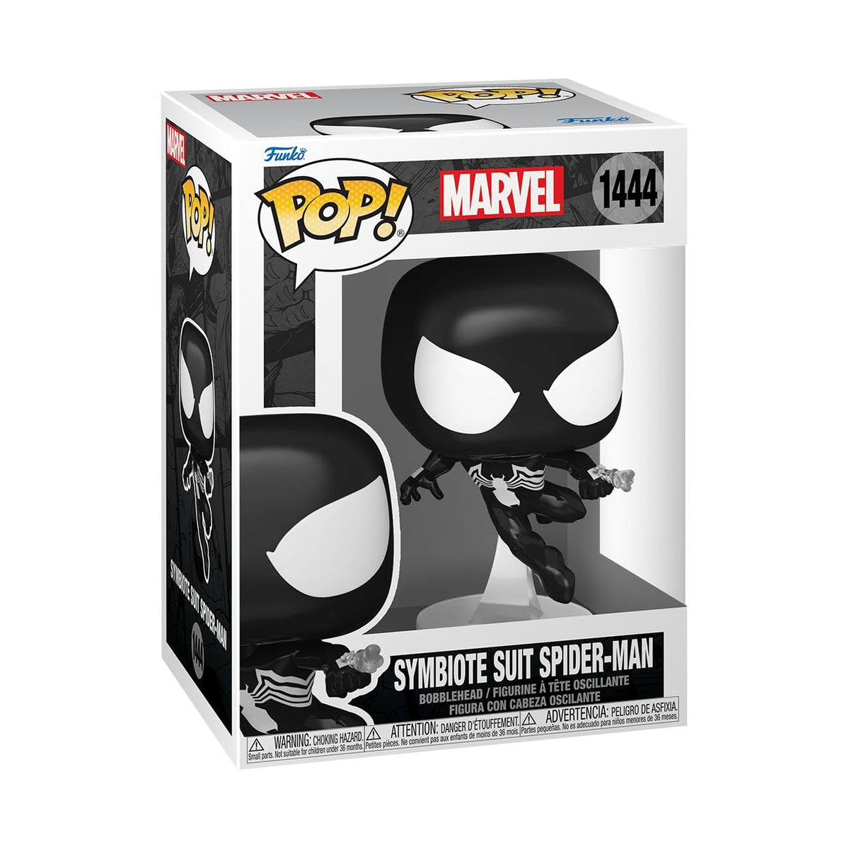 Collectible Funko Pop figure of Spider-Man in symbiote suit, authentic Marvel product in original packaging.