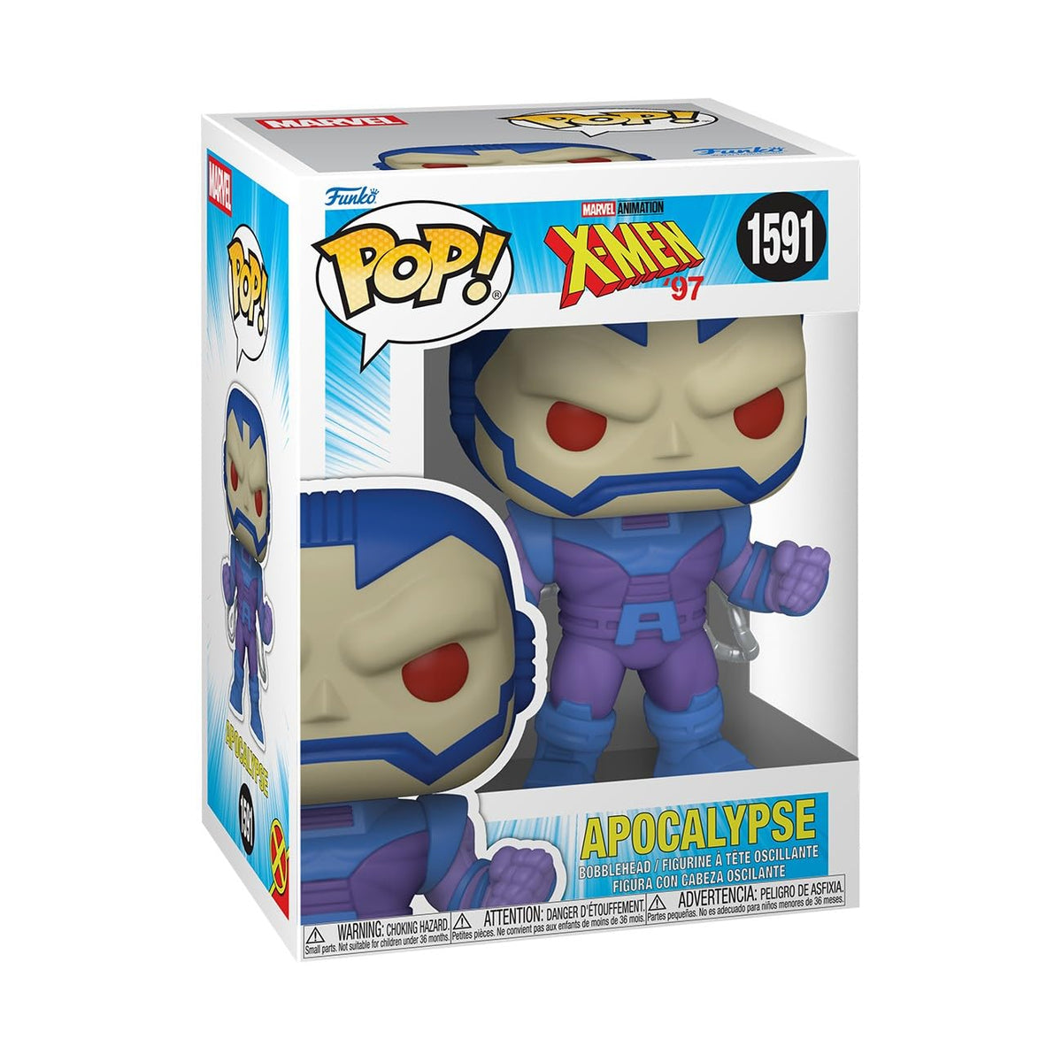 100% genuine Funko POP! Marvel: X-Men '97 figure of Apocalypse, featuring vibrant colors and detailed design.