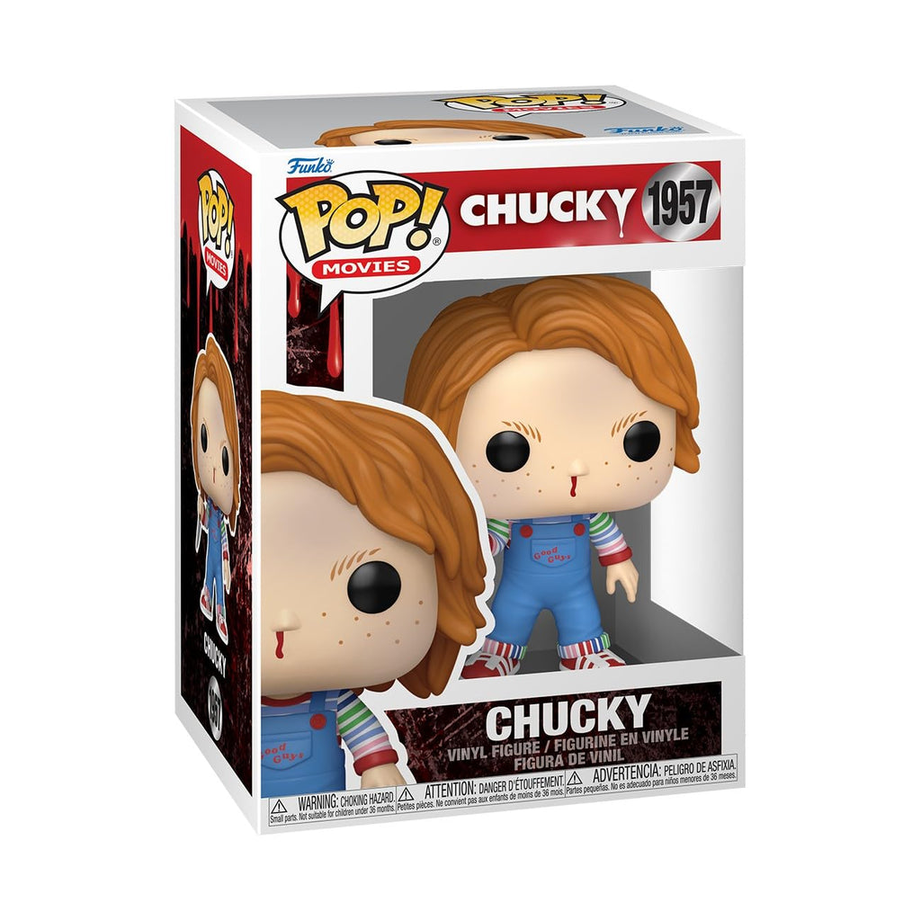 Authentic Funko Pop! Chucky collectible from movies, featuring vinyl figure in box, ideal for fans and collectors.