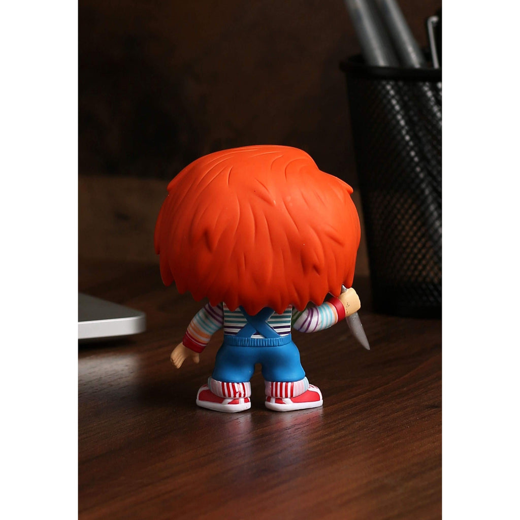 Premium imported Funko POP Chucky figure with bright red hair, striped shirt, and knife, perfect for collectors.