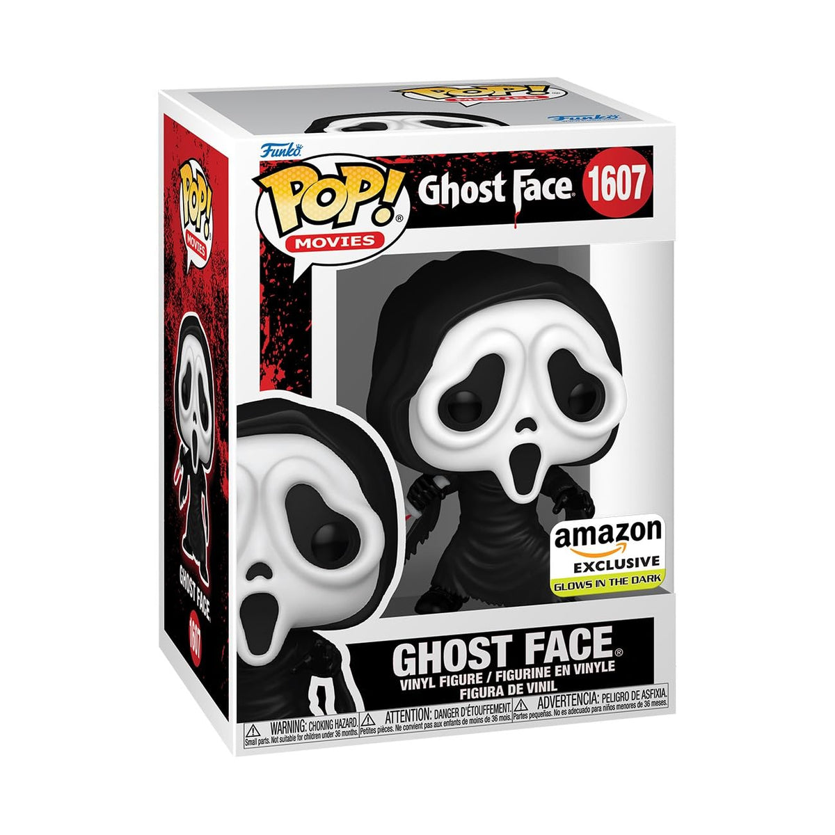 100% Genuine Ghostface Funko POP! vinyl figure from Movies series, glows in the dark, Amazon exclusive collectible.