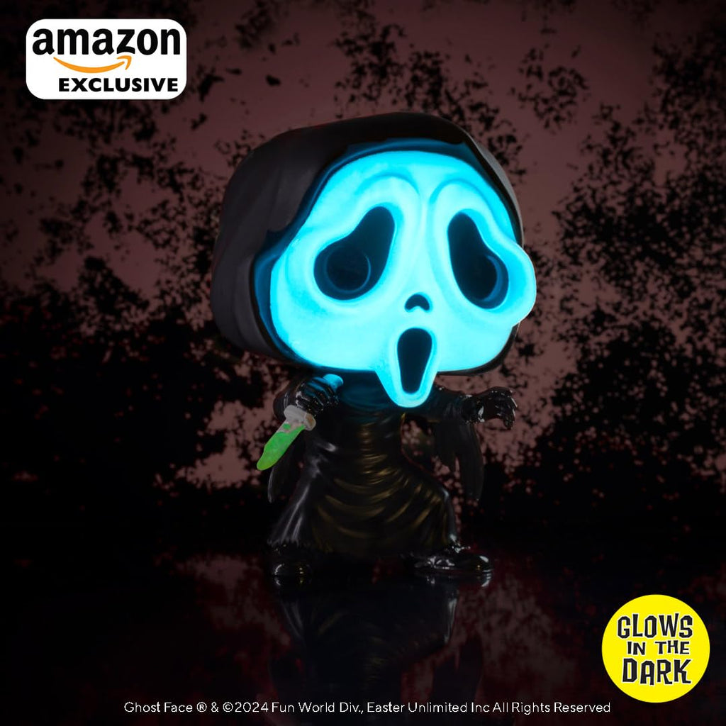 Premium imported Funko POP! of Ghostface from Scream, glowing blue in the dark, perfect for collectors.