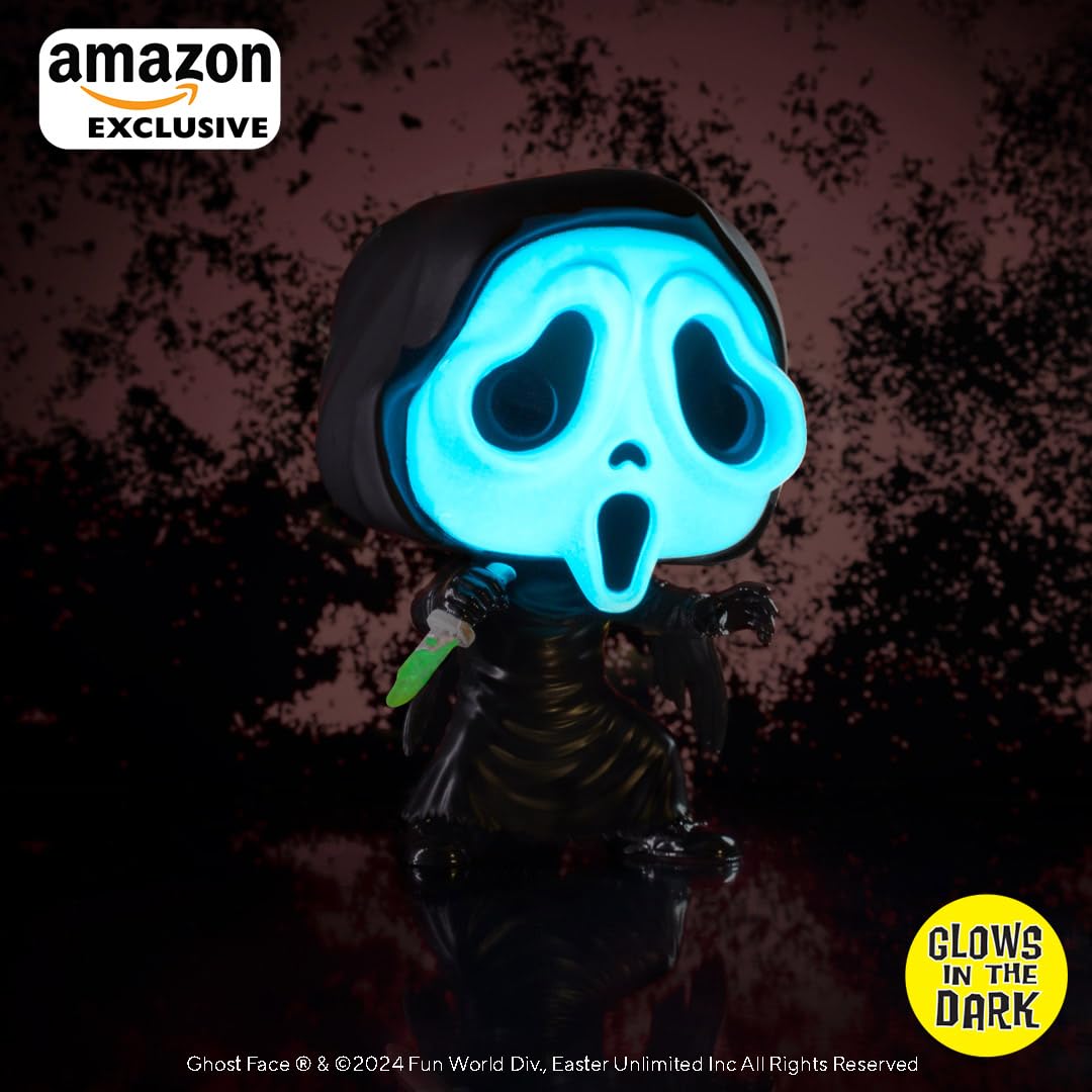 Premium imported Funko POP! of Ghostface from Scream, glowing blue in the dark, perfect for collectors.