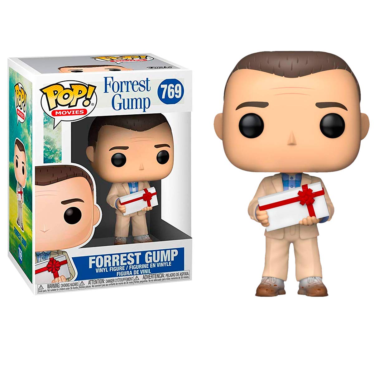 Authentic Funko POP! Movies Forrest Gump figure holding a box with a red ribbon. Perfect for collectors!