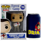 Collectible Funko POP! figure of Forrest Gump in box, alongside a Drim soda can. Verified by CuratCart for trust.