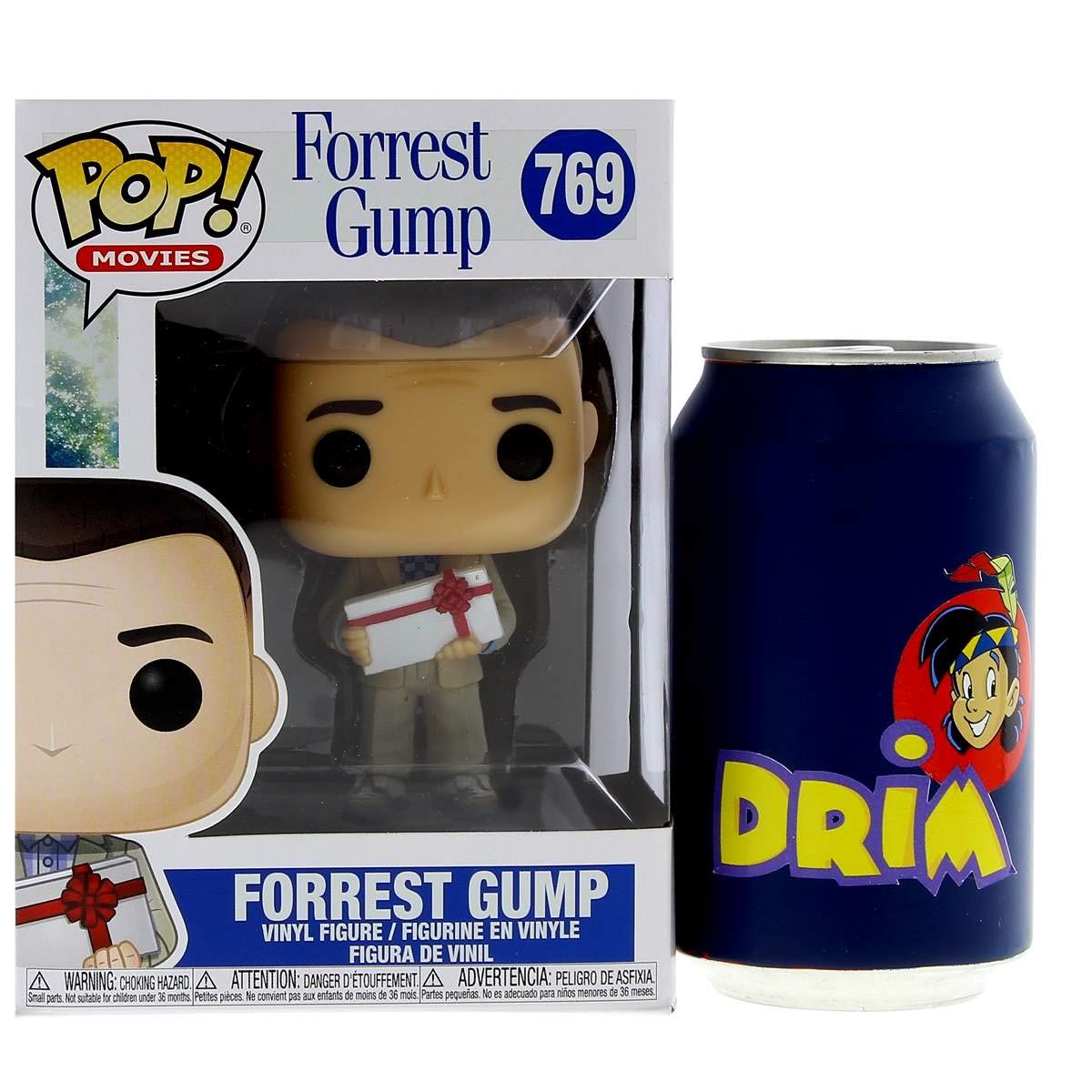 Collectible Funko POP! figure of Forrest Gump in box, alongside a Drim soda can. Verified by CuratCart for trust.