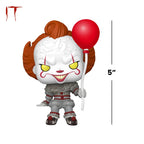 Premium imported Funko Pop! figure of Pennywise from IT, holding a red balloon, stands 5 inches tall.