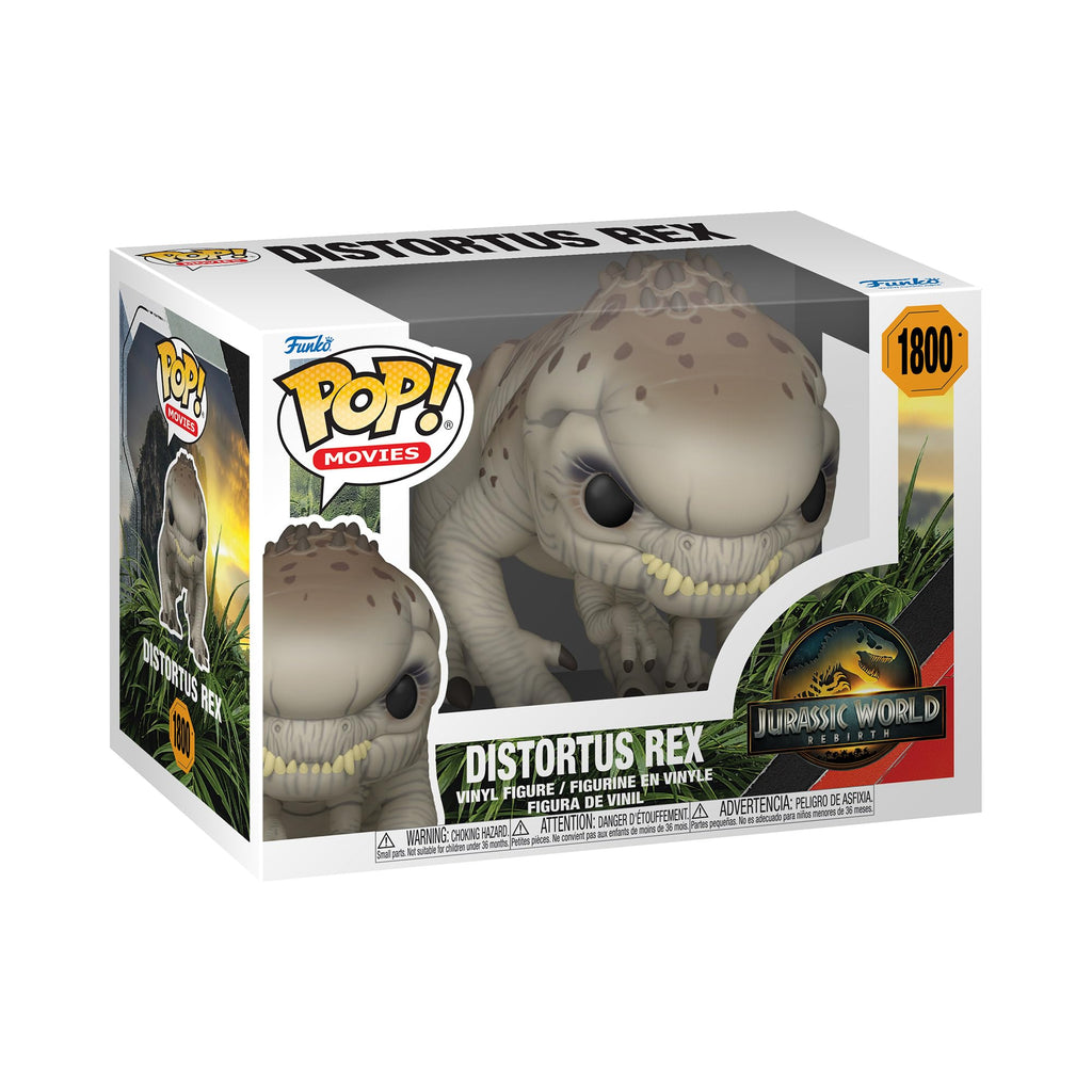 100% authentic Funko POP! Distortus Rex from Jurassic World, showcasing detailed vinyl design in collectible box.