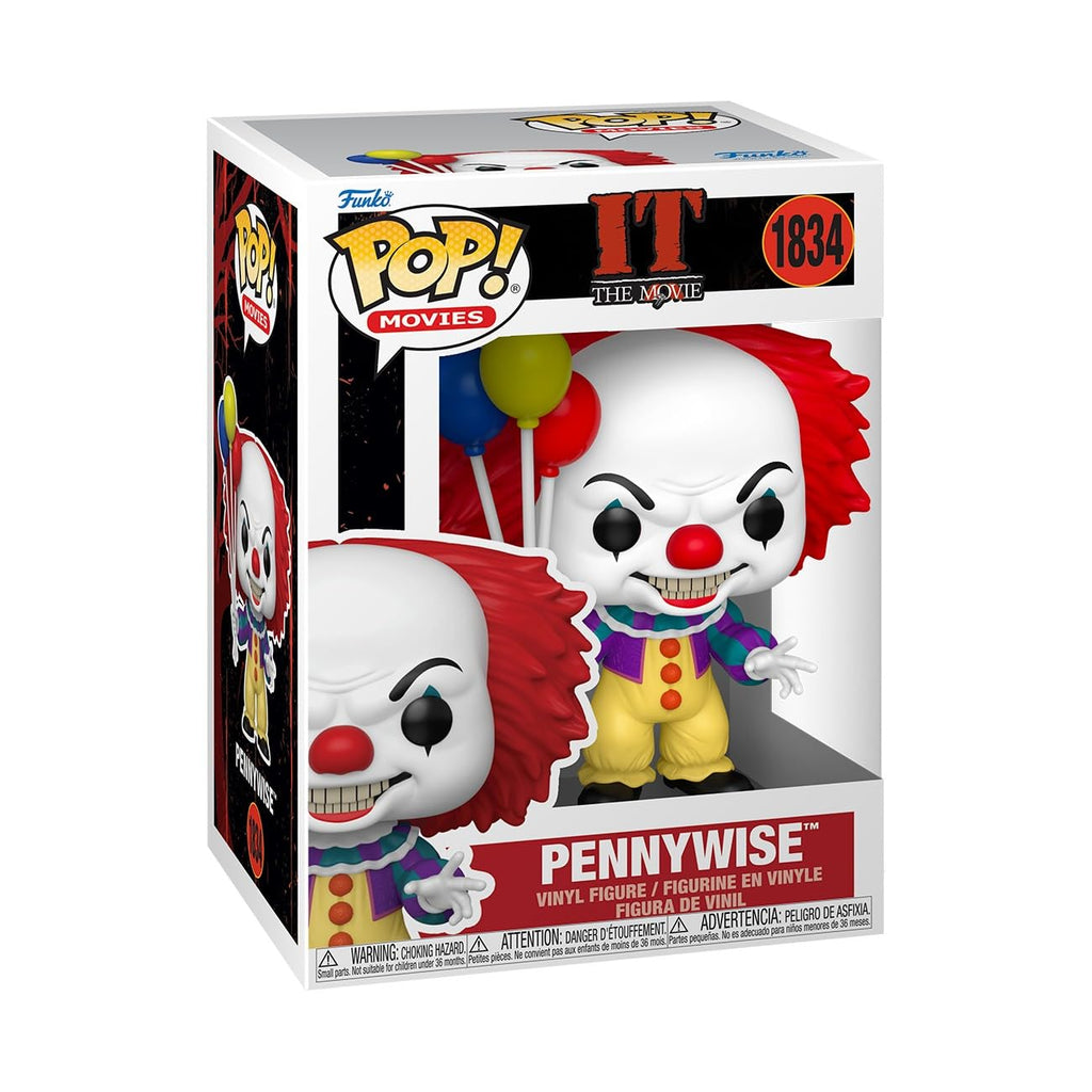 Authentic Funko Pop! featuring Pennywise from the 1990 film 'IT'. Details include colorful clown outfit and red balloons.