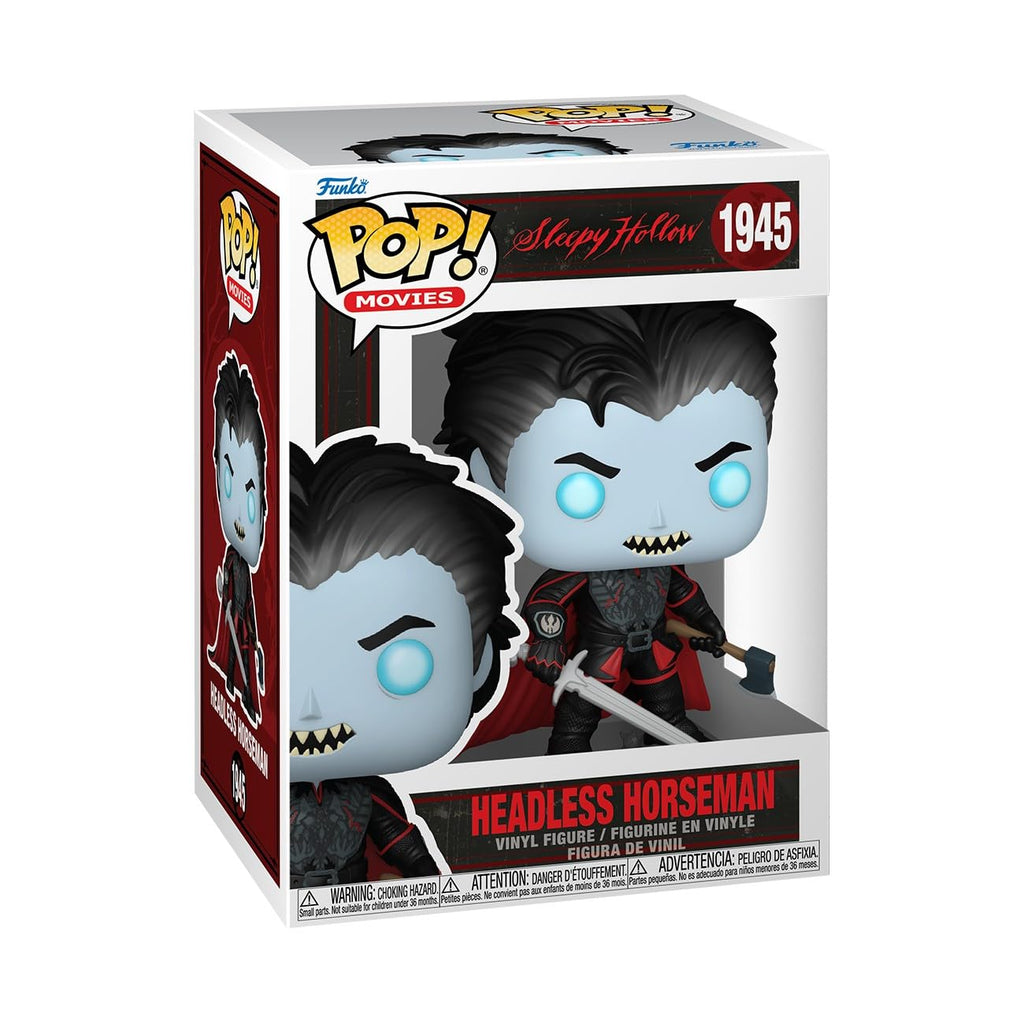 Authentic Funko Pop! figure of the Headless Horseman from Sleepy Hollow, featuring blue skin and a sword.