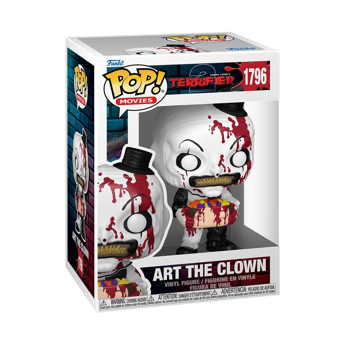 100% genuine Art the Clown Funko POP! from Terrifier. Features detailed blood splatter and iconic clown attire.