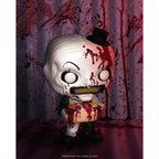 Premium imported Funko POP! featuring Terrifier's Art the Clown, adorned with blood and holding a colorful treat.