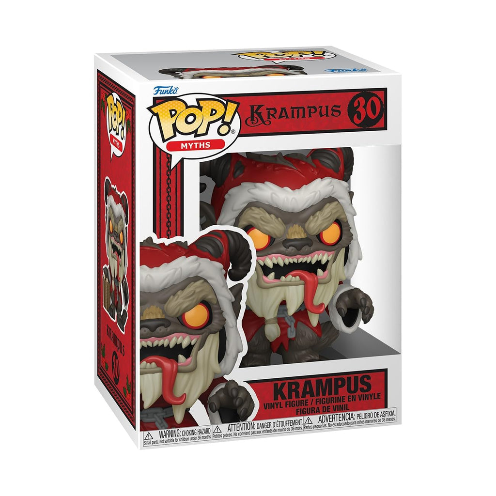 This authentic Funko POP! figure depicts Krampus in a festive red and white outfit, featuring bright orange eyes.