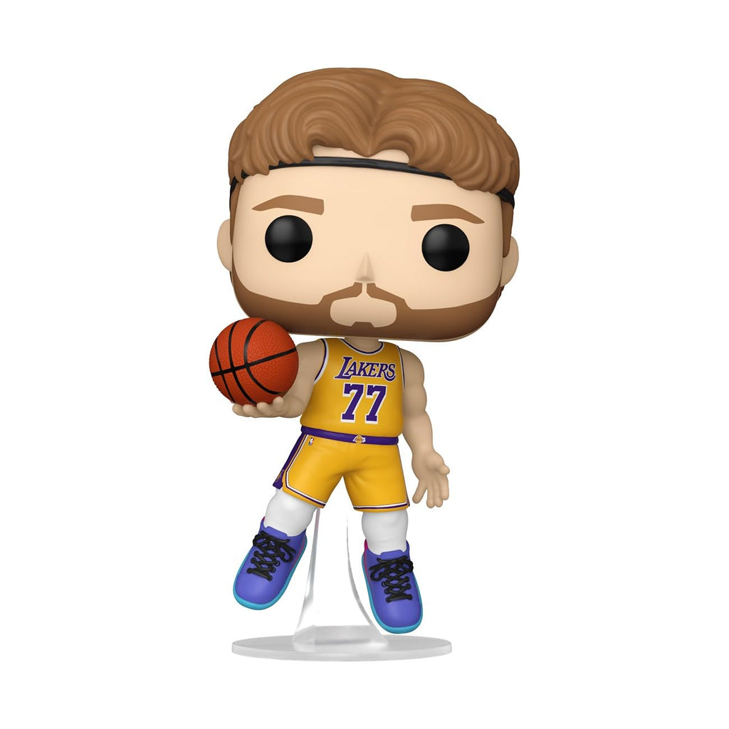 Luka Dončić Funko Pop! figure in Lakers jersey holding a basketball. Verified by CuratCart for trust.