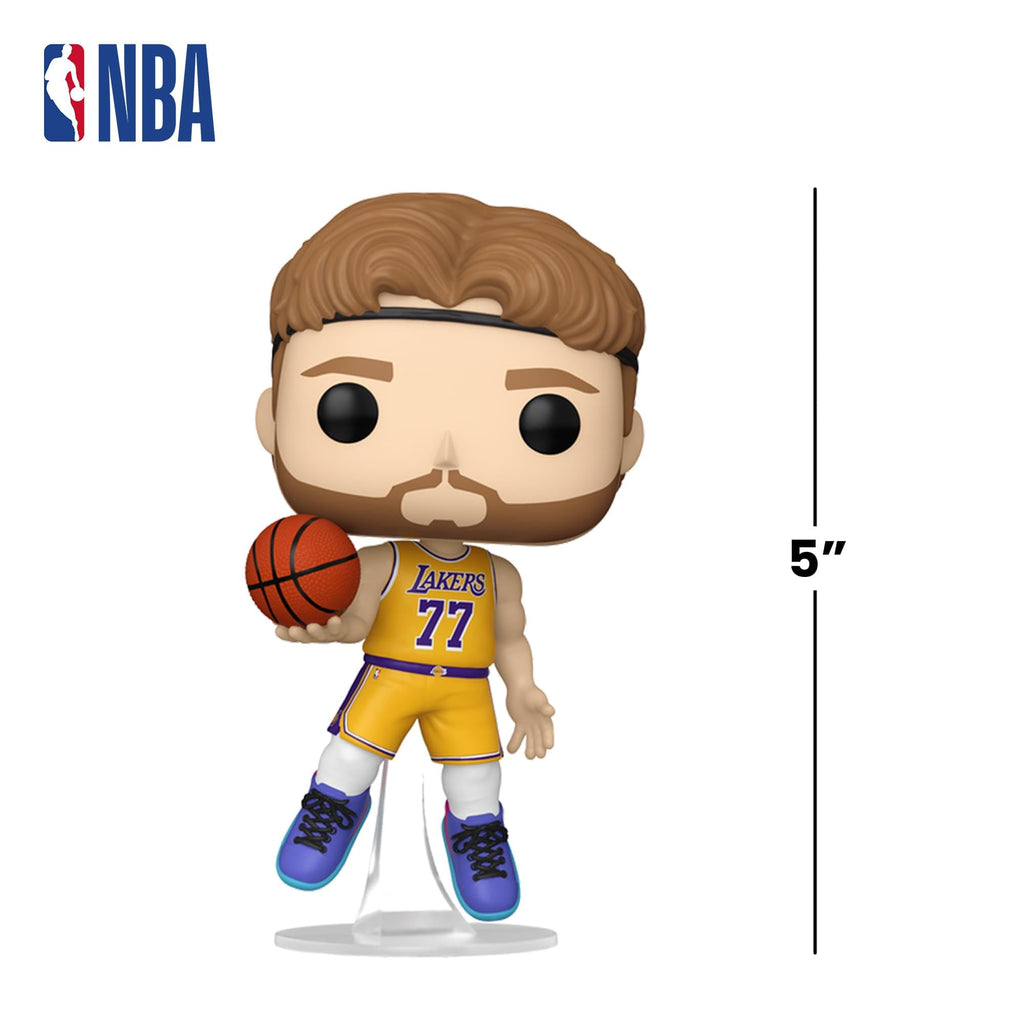Celebrate Luka Dončić with this premium Funko Pop figure, showcasing him in Lakers colors and holding a basketball.