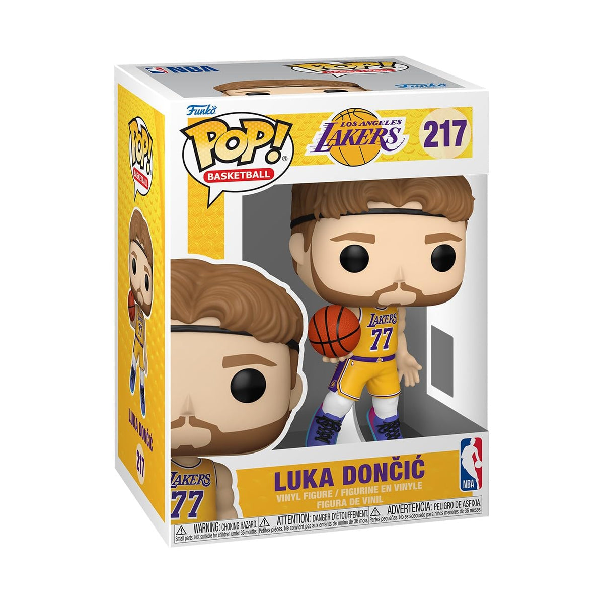 100% authentic Funko Pop! figure of Luka Dončić in Lakers uniform, holding a basketball, in original packaging.