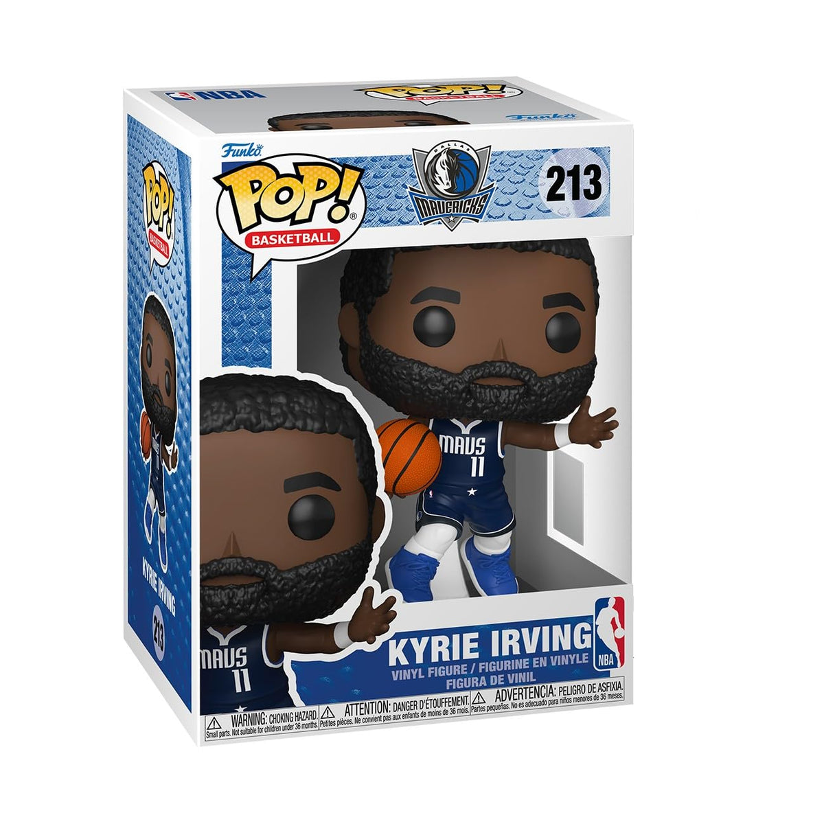 Authentic Funko POP! figure of Kyrie Irving in Mavericks uniform, holding a basketball, perfect for NBA collectors.