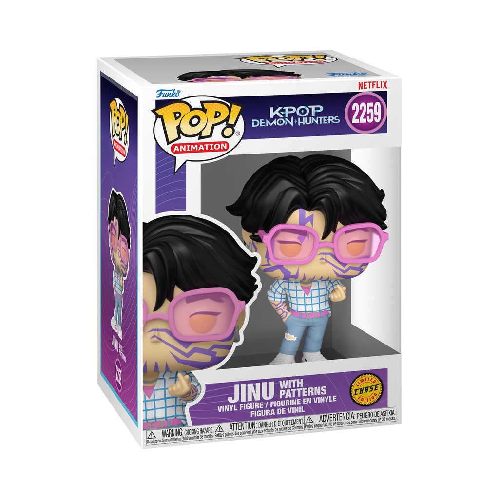 Exclusive Jinu Funko Pop! figure from Netflix's Kpop Demon Hunters series, featuring vibrant colors and unique patterns.